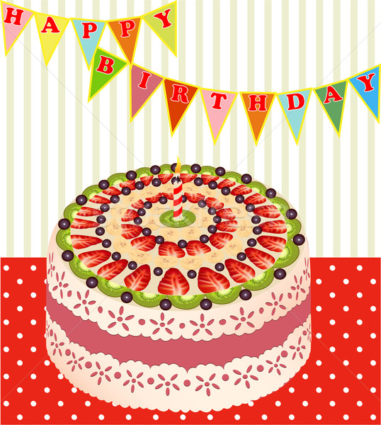 Születésnapi torta kiwi eprek illusztráció eper gyertyák Stock fotó © yurkina