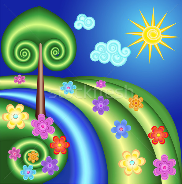 background with tree, sun, flowers in a spiral Stock photo © yurkina