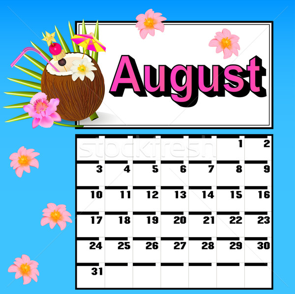 Calendar august nucă de cocos cocktail flori ilustrare Imagine de stoc © yurkina