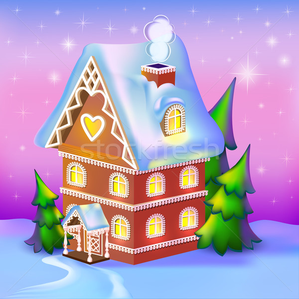 Illustratie droomachtige huisje sneeuw boom gebouw Stockfoto © yurkina