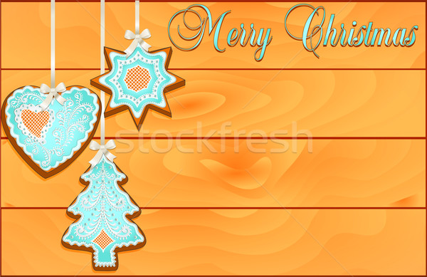 Stockfoto: Briefkaart · gebak · christmas · houten · illustratie · boom