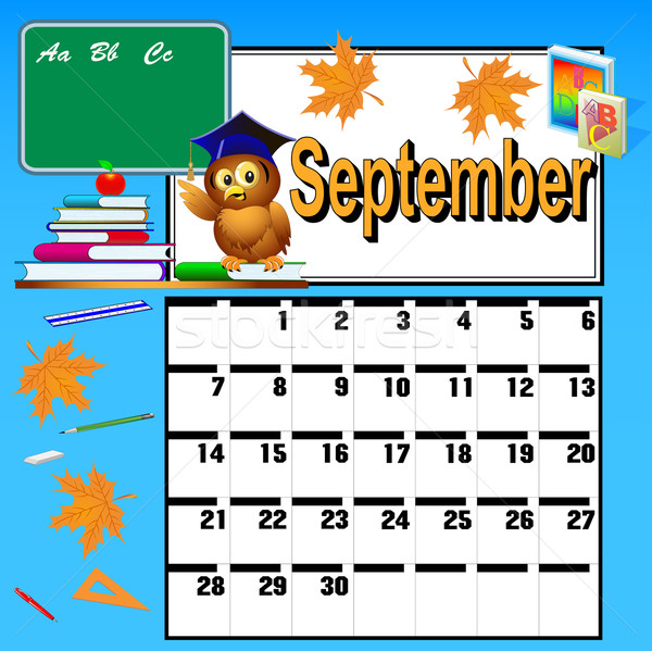 calendar for September and school books owl and apple Stock photo © yurkina