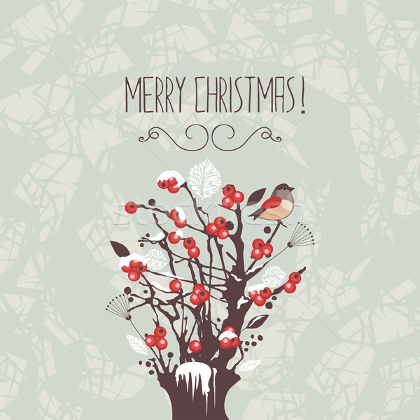 Weihnachten Winter Beeren Strauch Illustration Vogel Stock foto © yurumi