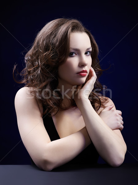 красивой брюнетка портрет девушки синий Сток-фото © zastavkin