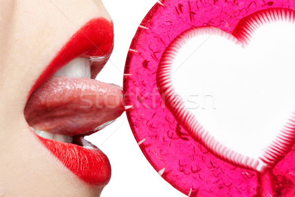 [[stock_photo]]: Femme · dégustation · lollipop · isolé · visage · portrait