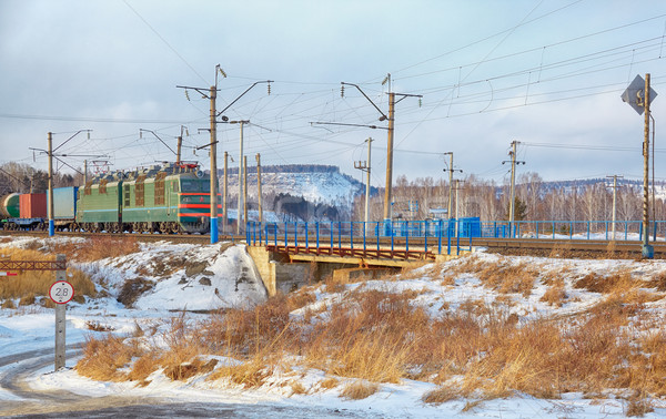 Lokomotive Eisenbahn Winter Wolken Natur Stock foto © zastavkin