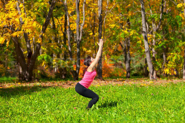 Yoga pose vrouw najaar bos gras Stockfoto © zastavkin