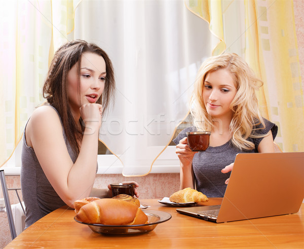 Iki kızlar içme çay portre dizüstü bilgisayar Stok fotoğraf © zastavkin
