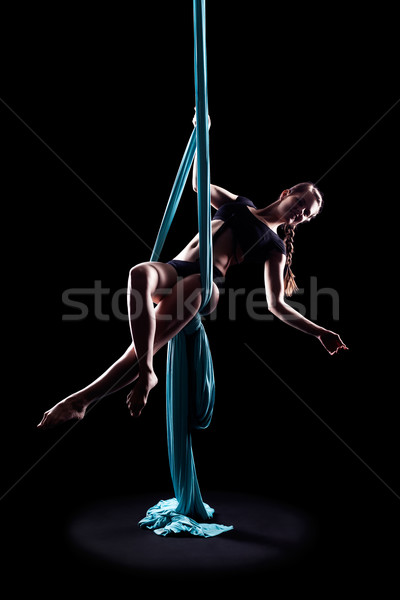 [[stock_photo]]: Jeune · femme · gymnaste · bleu · gymnastique · ruban · isolé