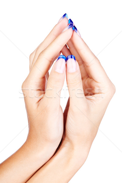 Niebieski manicure francuski ręce zawodowych francuski paznokcie Zdjęcia stock © zastavkin
