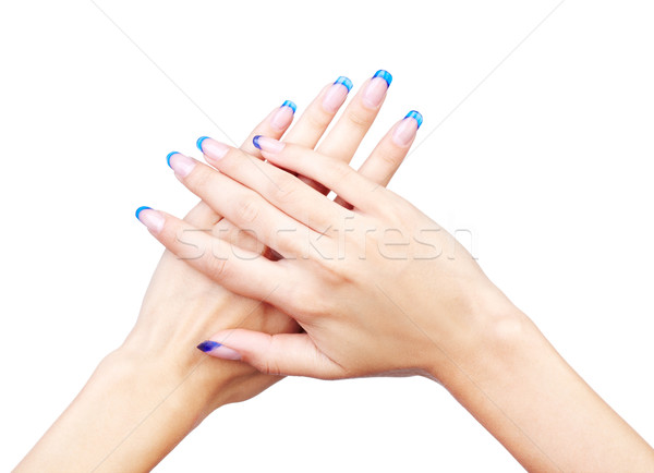 Blau Französisch Maniküre Hände professionelle Französisch Nägel Stock foto © zastavkin