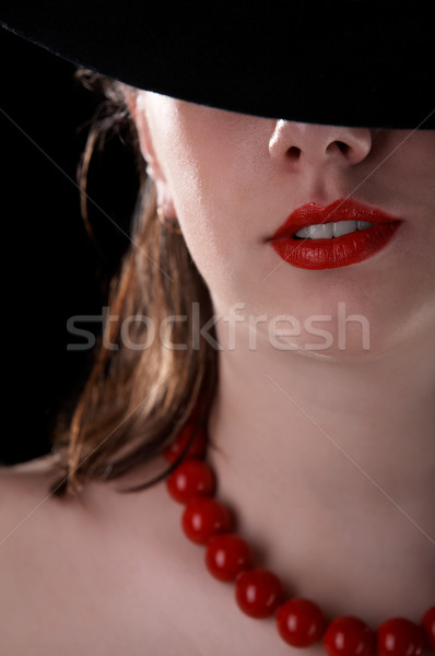 Lány kalap portré csinos nők fekete Stock fotó © zastavkin