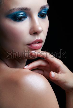 Foto stock: Hermosa · morena · primer · plano · retrato · azul · ojo