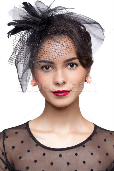 Fiatal nő klasszikus ruha kicsi női kalap Stock fotó © zastavkin