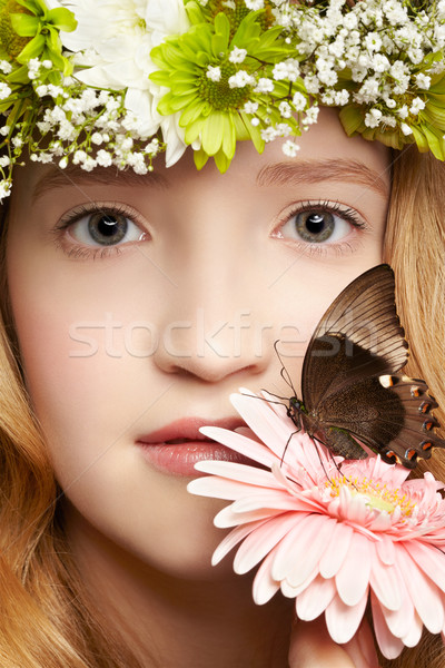 Foto d'archivio: Bella · ragazza · farfalla · primo · piano · ritratto · bella · sani