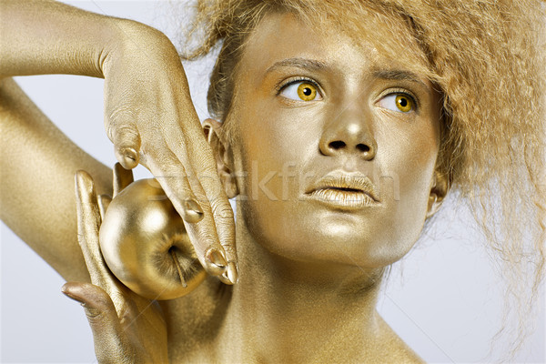 Stockfoto: Gouden · meisje · appel · portret · poseren · handen