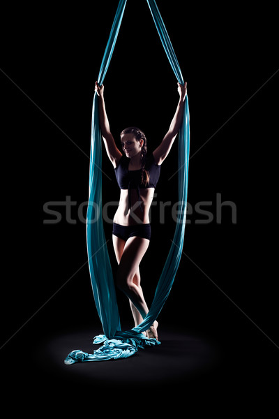 [[stock_photo]]: Jeune · femme · gymnaste · bleu · gymnastique · ruban · isolé