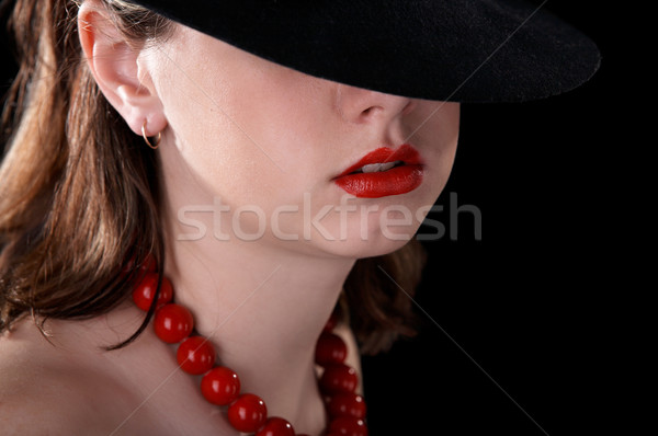 Lány kalap portré csinos nők fekete Stock fotó © zastavkin