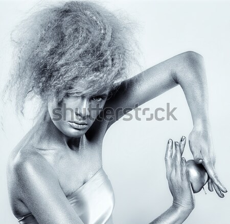 [[stock_photo]]: Nude · argent · fille · portrait · corps · peint