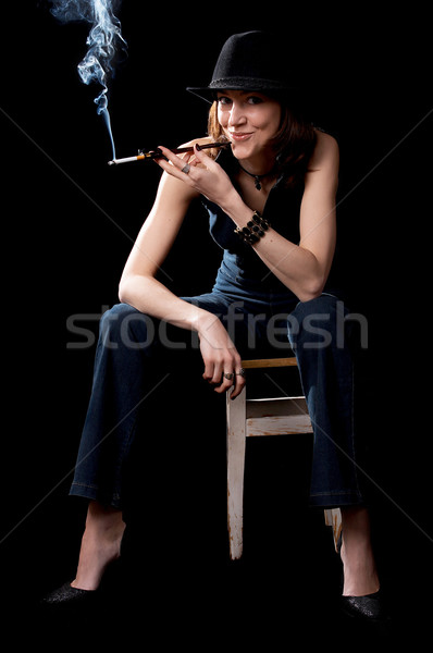 Femme cigarette chapeau isolé noir feu [[stock_photo]] © zastavkin