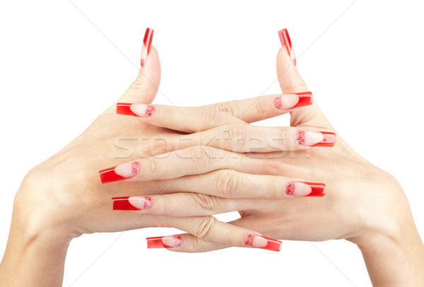 Stockfoto: Acryl · nagels · manicure · handen · Rood · frans