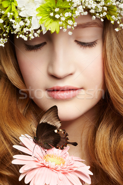 Foto stock: Beautiful · girl · borboleta · retrato · belo · saudável