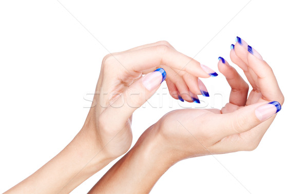 Kék francia manikűr kezek profi francia körmök Stock fotó © zastavkin