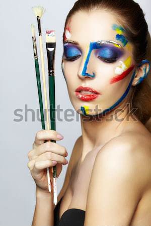 Foto stock: Mujer · moda · pluma · maquillaje · brillante