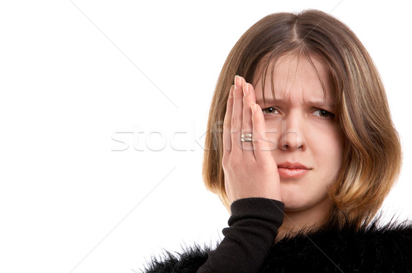 Foto stock: Dor · de · dente · mulher · jovem · mulher · retrato · preto · pessoa