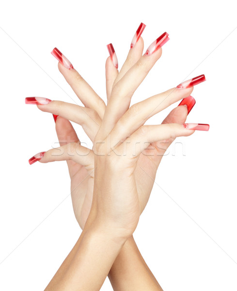 Acril cuie manichiură mâini roşu franceza Imagine de stoc © zastavkin
