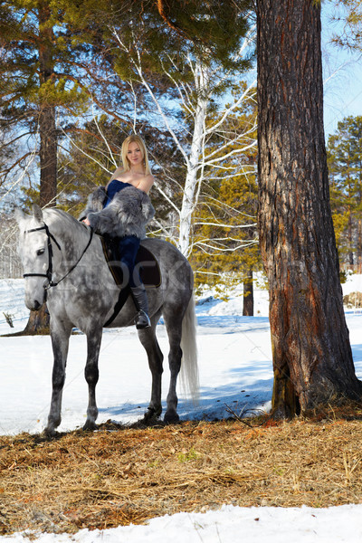 Foto stock: Mulher · cavalo · jovem · loiro · bela · mulher · luz