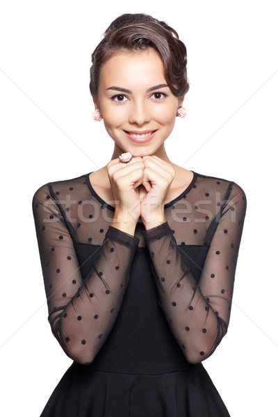 ストックフォト: 若い女性 · ヴィンテージ · ドレス · 小さな · 幸せ · 笑顔の女性