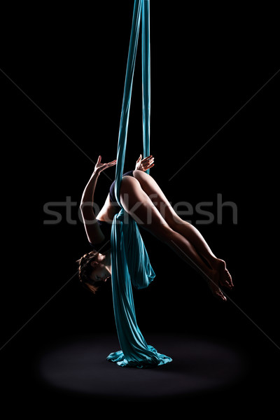 Zdjęcia stock: Młoda · kobieta · gimnastyk · niebieski · wstążka · odizolowany