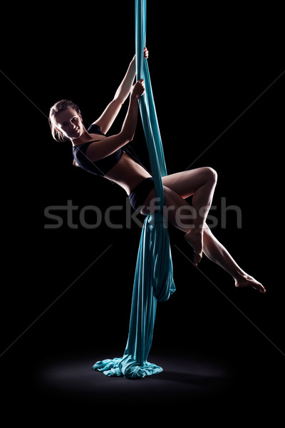 Stockfoto: Jonge · vrouw · gymnast · Blauw · lint · geïsoleerd