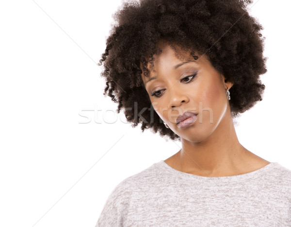 Foto stock: Deprimido · preto · casual · mulher · branco · mulher · negra