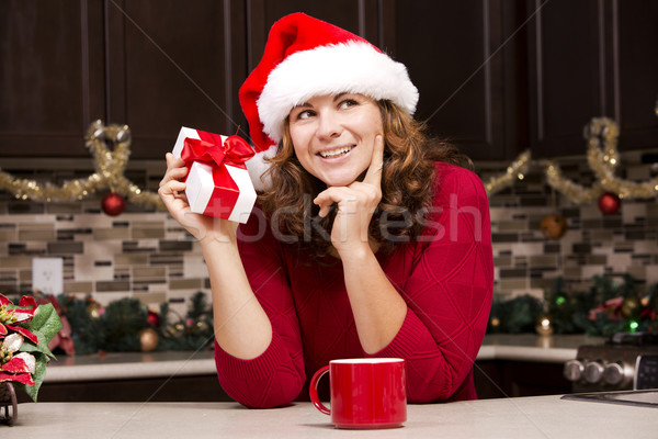 Nő tart karácsony ajándék visel kalap Stock fotó © zdenkam
