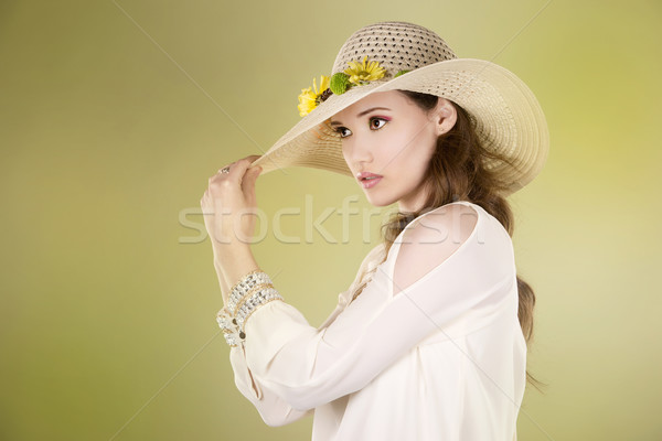 Wiosną kobieta hat kwiaty jasnozielony Zdjęcia stock © zdenkam