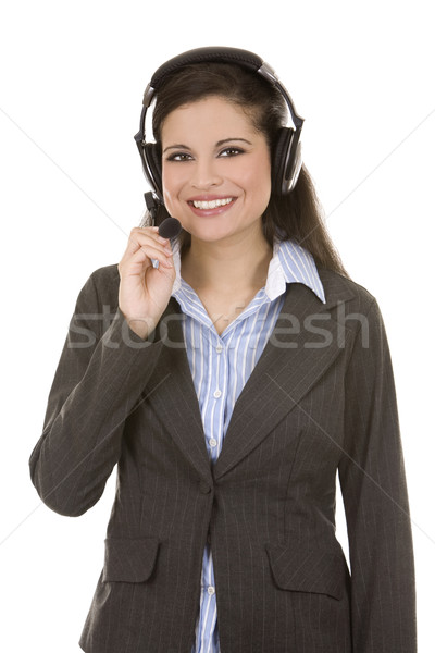 Telemarketing személy gyönyörű barna hajú visel headset Stock fotó © zdenkam
