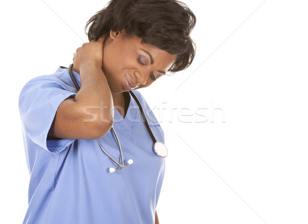 Foto stock: Enfermera · dolor · de · cuello · negro · blanco