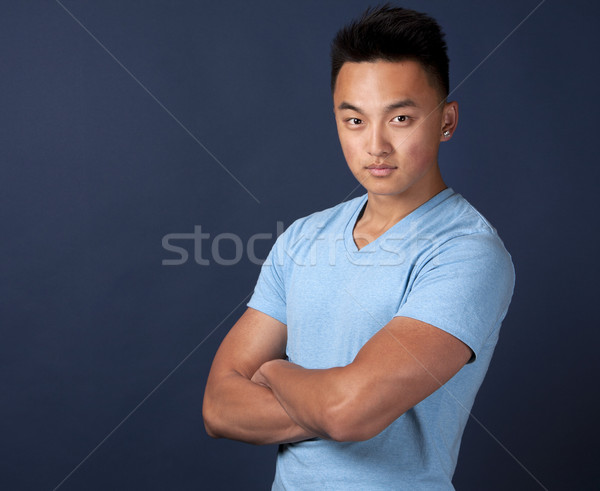 Stockfoto: Asian · man · toevallig · Blauw · tshirt