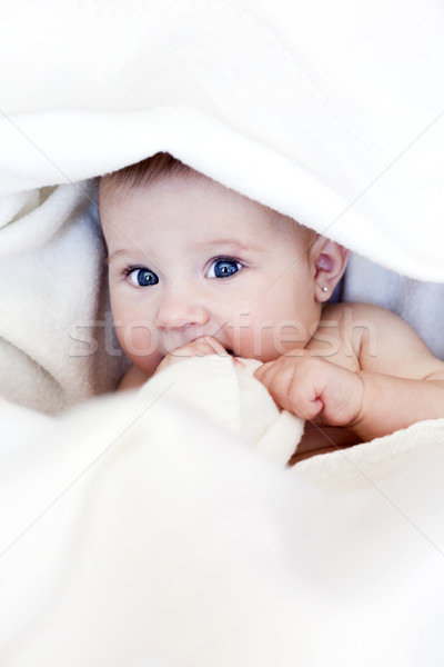 Stockfoto: Weinig · baby · witte · deken · gezicht