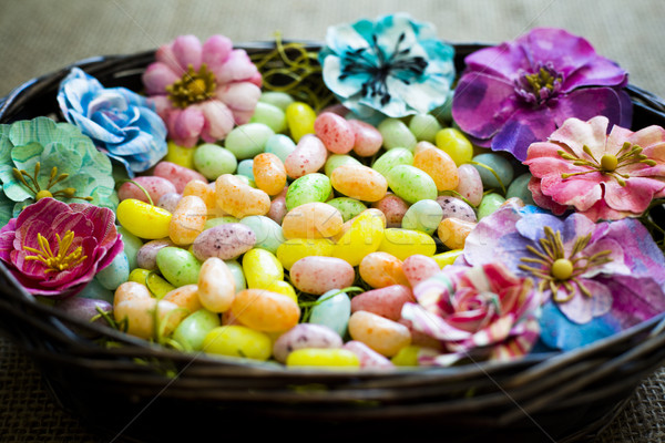 spring easter eggs with flowers on sack texture Stock photo © zdenkam
