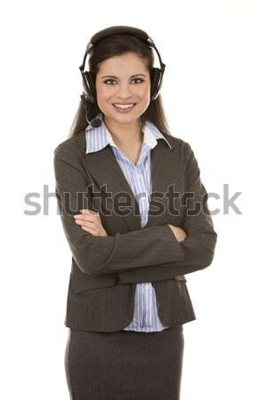 Telemarketing személy gyönyörű barna hajú visel headset Stock fotó © zdenkam