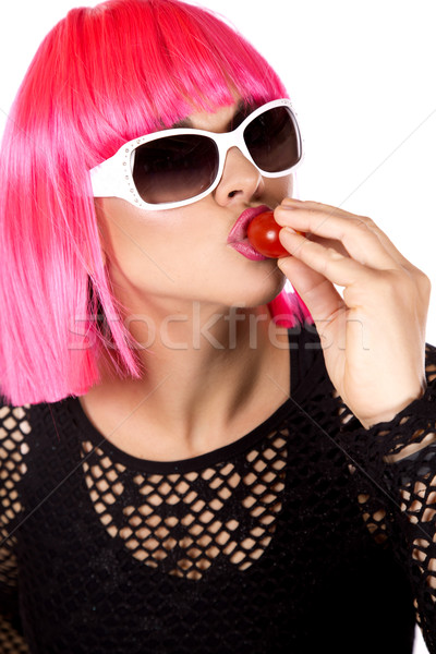 Moda donna luminoso rosa capelli mangiare Foto d'archivio © zdenkam