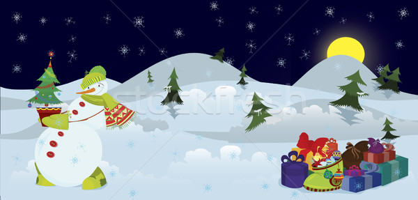 Stock photo: Snowman and Christmas tree in the pot banner