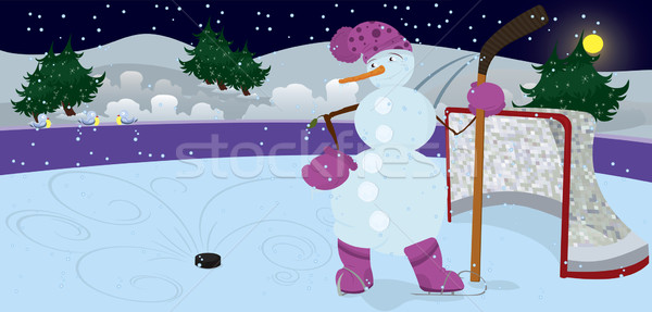 Stock photo: Snowman is playing ice-hockey banner