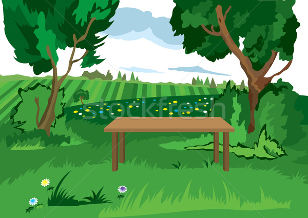 Сток-фото: Cartoon · трава · деревья · скамейке · иллюстрация · пейзаж