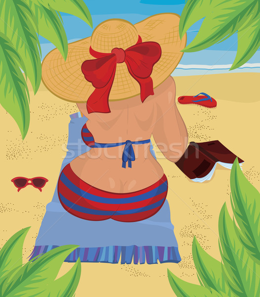 Kobieta posiedzenia plaży palma wody książki Zdjęcia stock © Zebra-Finch