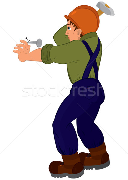 Cartoon man in constructor uniform and hard hat hitting nail wit Stock photo © Zebra-Finch