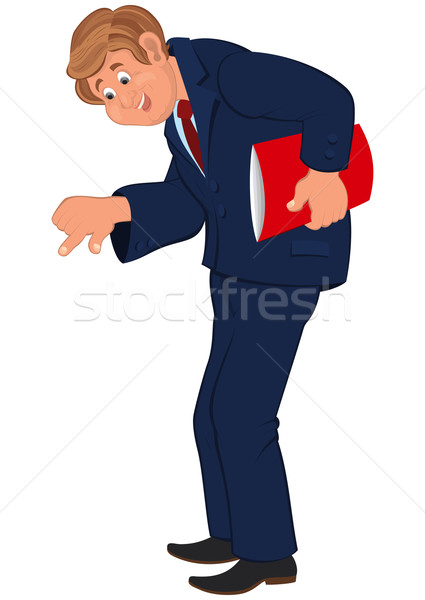 Happy cartoon man standing in blue suit with red book Stock photo © Zebra-Finch